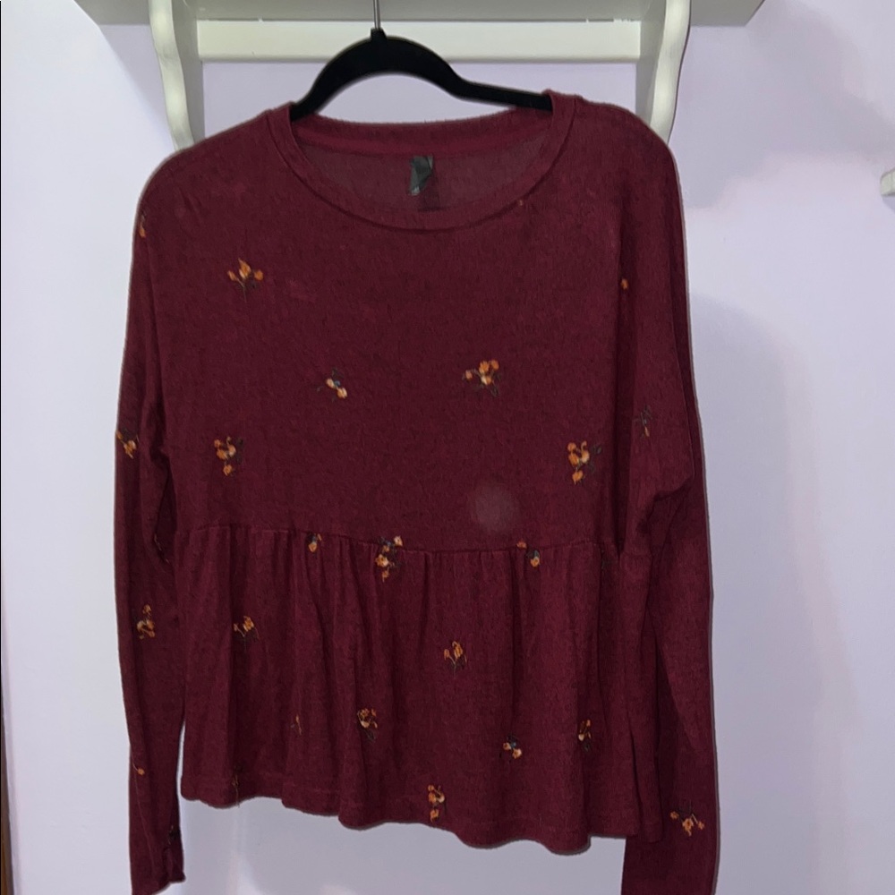 Maroon Flower Long Sleeve Top
